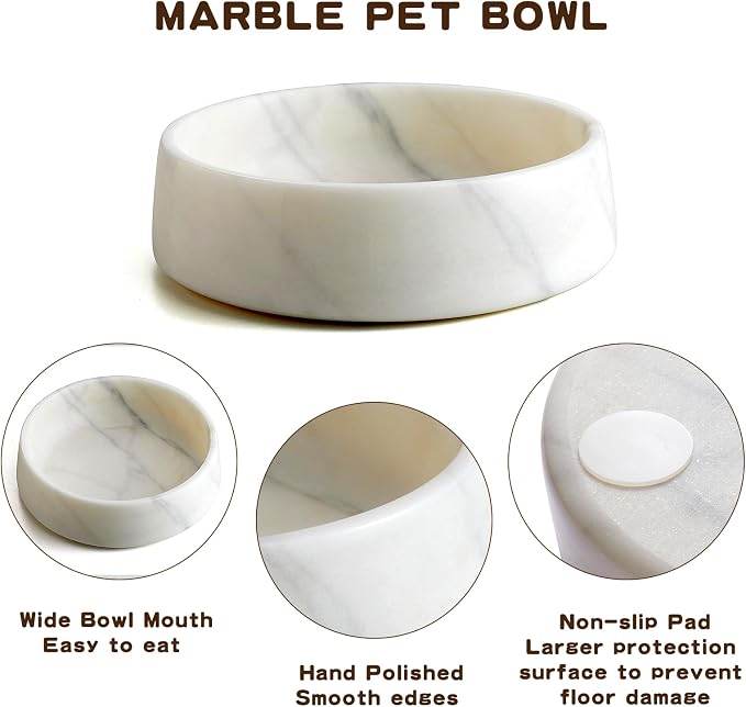 SAMAH White Marble Dog Bowl, Non-Slip Dog Food Water Bowl, Small Weighted Stone Dish, Natural Marble Heavy Pet Bowl, Easy to Clean, Gifts for Cat Lovers, Perfect Cat Dog Gifts, Holds 4 Cups(5 lbs)