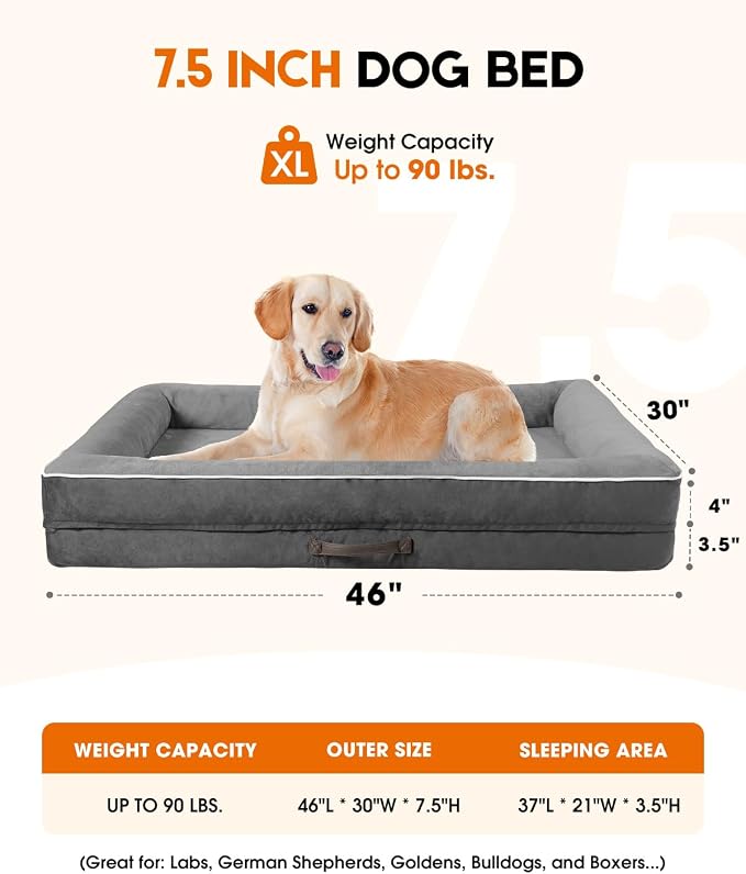 Upvilla Orthopedic Dog Bed XL, Four-Sided Dog Sofa, Washable Cover, Gray | Removable Waterproof Dog Bed Cover, Egg-Crate Orthopedic Foam, Built-In Carry Handle, Indoor Large Pet Beds, Cat Beds