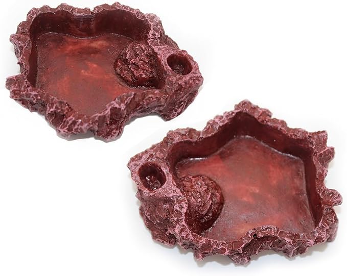 OMEM Reptile Natural Bowl Food and Water Dish Resin Made (2PCS- Red S)