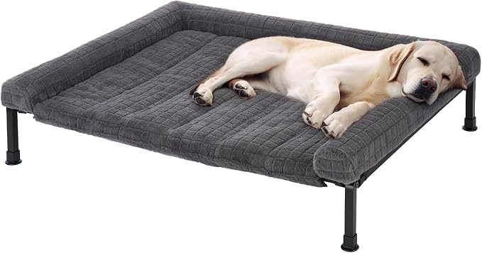 Veehoo Elevated Dog Bed with Fluffy Plush Bolster Cushion, Dog Couch Bed | Cooling Raised Dog Bed for Large Dogs, Washable Orthopedic Pet Cot with Removable Mat, Breathable Mesh, Non-Slip, 42", Grey