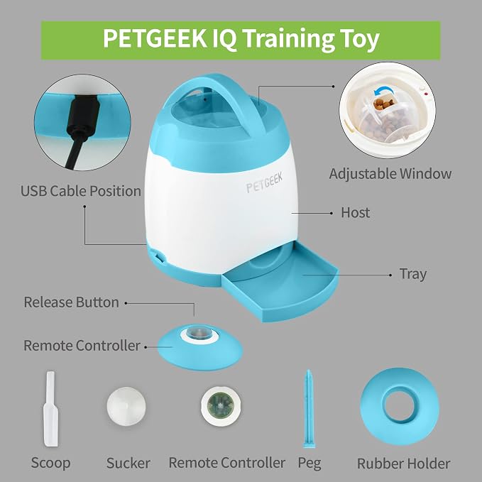 PETGEEK Automatic Dog Treat Dispenser, Interactive Pet Toy Food Dispensing for IQ Training, Dog Food Dispenser with Button Remote Push, Dual Power Supply for Indoor Outdoor Use, Blue | Automatic Food Dispenser Blue Color, Dual Power Supply, Remote Butt...
