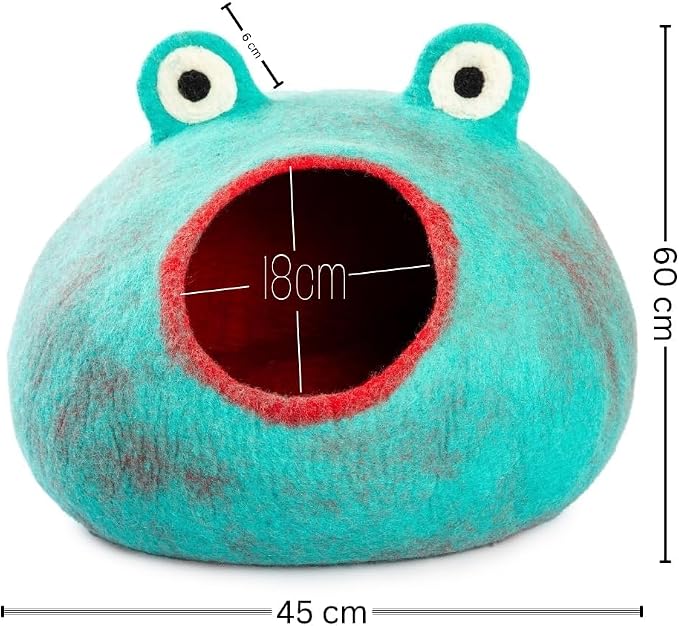 Luxurious Merino Wool Cat Cave - Foldable Hideaway Pod for Indoor Cats - Premium Felt Kitten Pet Enclosure - Covered Cat House for Ultimate Cozy Comfort by Woolygon (Turquoise Frog)