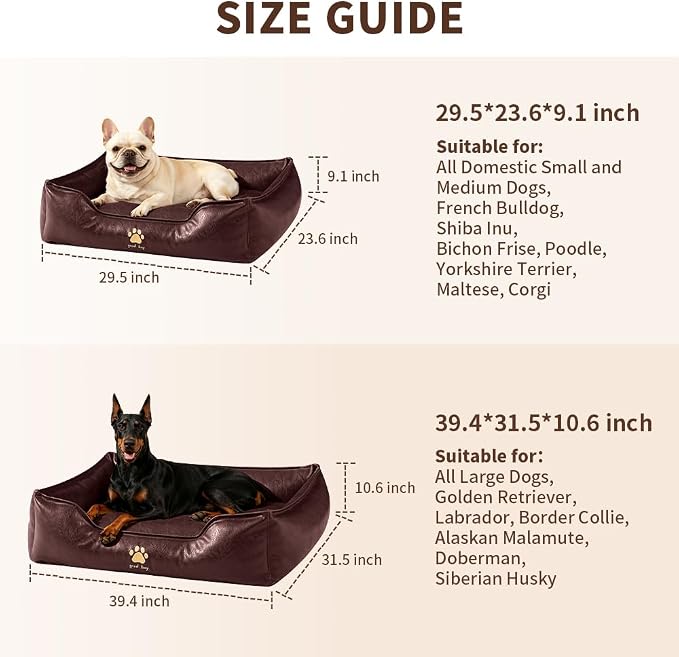 SOMAHE Waterproof Leather Dog Bed, Bolster Couch, 24x19x9 Caramel | Wipe-Clean Waterproof Leather + Removable Cushion: raised bolsters create a cozy bed for small-medium dogs.