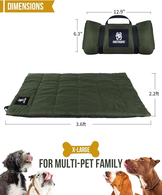 ONETIGRIS Large Dog Bed Washable Matteress Anti Slip Cushion for Pets Sleeping, 3.6ft by 2.2ft Water-Resistant Pet Bed for Indoor Outdoor(Green) | Foldable travel mat for dogs with soft insulated filling. Collapses compact for camping trips. Easy clean...