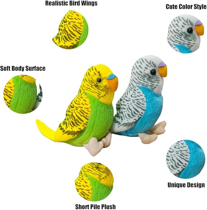 2Pcs Budgerigar Plush Toy, 5.5 inches, Parakeet Plush Toy, Budgie Soft Toy, Bird Stuffed Animal for Kids