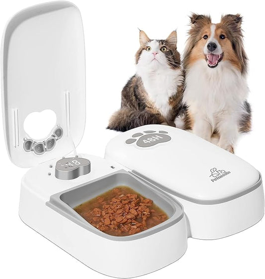 Distributeur automatique de nourriture pour chats et chiens, distributeur de croquettes amélioré 2-en-1 avec écran, maintient la fraîcheur des aliments semi-humides pendant 48 heures, repas sain pour tous les animaux domestiques.