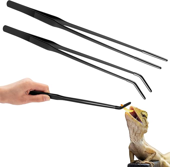 Lasnten 2 Pcs Extra Long Stainless Steel Reptile Feeding Tongs with Rubber Tip 10 Inch, 10.5 Inch Bearded Dragon Aquarium Straight and Curved Long Tweezer Terrarium Feeder Tool for Tank(Black)