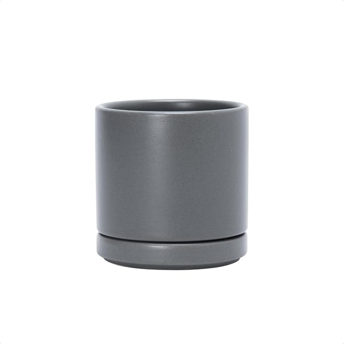 D'vine Dev 3.5 Inch Ceramic Planter Pot with Drainage Hole and Saucer, Indoor Cylinder Round Planter Pot, Speckled Grey, 94-O-A-3