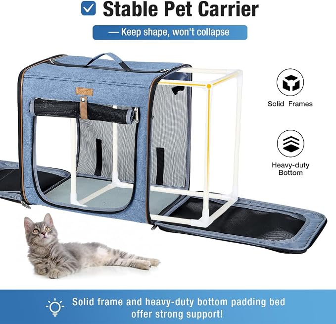 Lekereise Large Cat Carrier for 2 Cats, 2-in-1 Cat Travel Carrier with Litter Box, (17.7" x2) x16.5"x13" Pet Carrier with Zipper Locks for Moving Across The Country (No Hammock) - Blue
