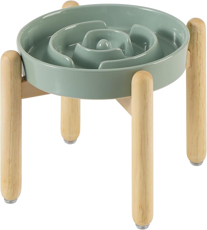 Havniva Elevated Slow Feeder Dog Bowls, Ceramic Dog Bowl Slow Feeder | 1.6 Cups Raised Slow Feeding Bowl for Medium Breed, Puzzle Dog Food Bowl with Wooden Stand, Non-Slip, Anti-Choking