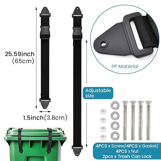 Kakalote 2pcs Adjustable Black Nylon Trash Can Locks, Universal Bear Proof, Easy Installation, Animal Proof, High Compatibility