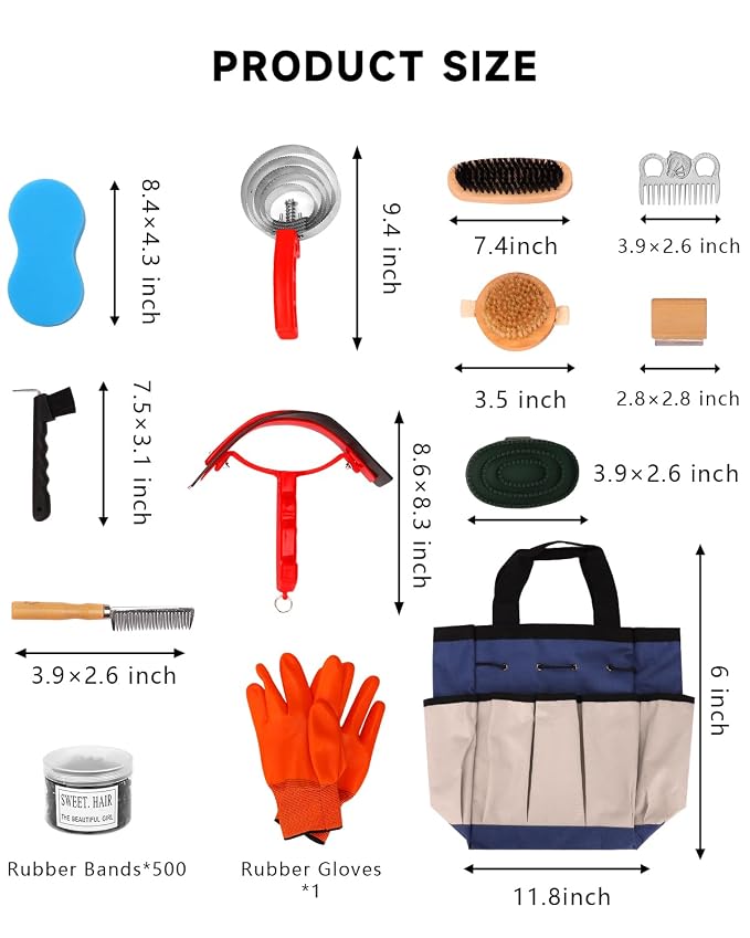 Horse Grooming Kit 13 Piece, Complete Horse Brushes & Grooming Supplies Set with Organizer Bag, Curry Comb, Hoof Brush, Bath Brushes & Accessories for Horse Care