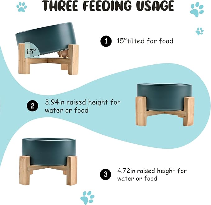 SPUNKYJUNKY 15° Slanted Ceramic Dog and Cat Bowl with Wooden Stand, Tilted Bulldog Food and Water Bowl No Slip Non-Spill for Cats Medium Dogs Big Face Pets 28.7 OZ (3.6 Cups, Green)