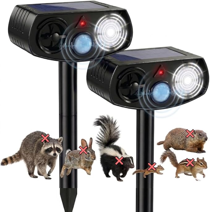 AWISH Solar Ultrasonic Animal Repeller Outdoor, Motion Sensor Waterproof Pest Deterrent, Raccoon Skunk Fox Squirrel Gopher Rabbit Dog Repellent for Yard Garden Farm, 40ft 120° Coverage, 2 Pack Black