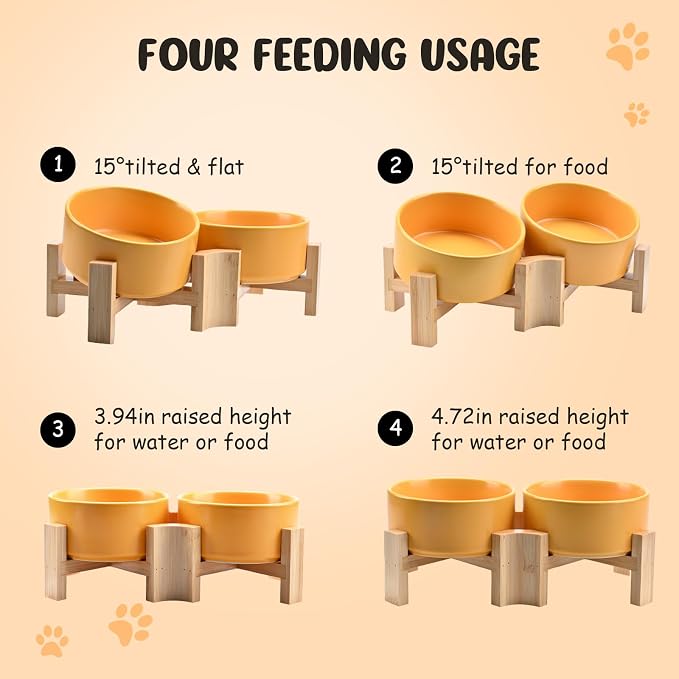 SPUNKYJUNKY 15° Slanted Ceramic Dog and Cat Bowl with Wooden Stand, Tilted Bulldog Food and Water Bowl No Slip Non-Spill for Cats Medium Dogs Big Face Pets 28.7 OZ (3.6 Cups, Yellow × 2)