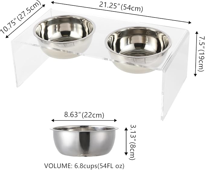 DBL2001A Keaton 7.5" Medium/Large Modern Lucite Rectangular Elevated Pet Feeder with 54oz 2-Stainless Steel Bowls, Clear/Chrome