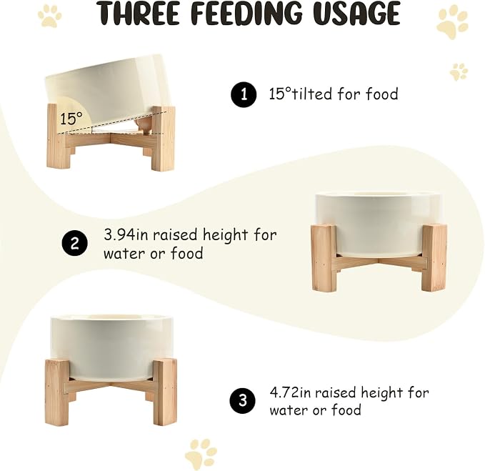 SPUNKYJUNKY 15° Slanted Ceramic Dog and Cat Bowl with Wooden Stand, Tilted Bulldog Food and Water Bowl No Slip Non-Spill for Cats Medium Dogs Big Face Pets 28.7 OZ (3.6 Cups, Beige)