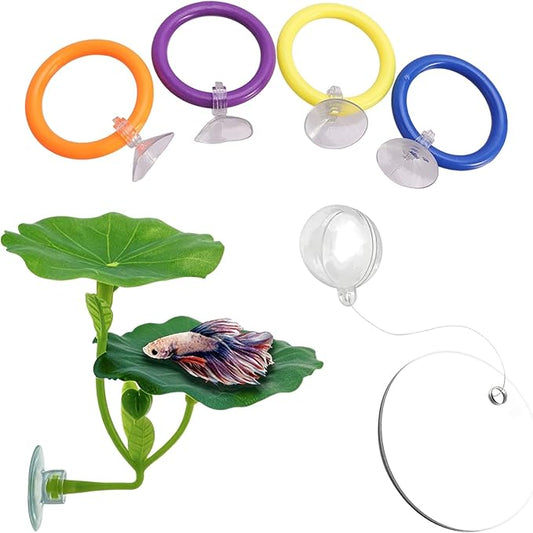 6 Pcs Betta Fish Toys, 4 Betta Rings, 1 Aquatic Plant & 1 Training Mirror, Betta Enrichment Toys for Betta Tank, Aquarium Interactive Play