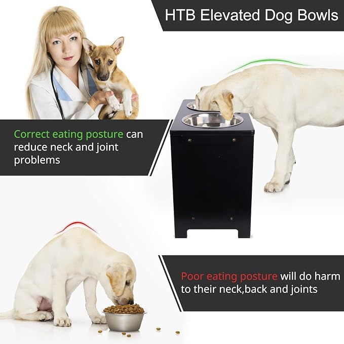 HTB Elevated Dog Bowl Stand with 2 Stainless Steel Bowls-14 H X-Large Black | Raised Dog Bowl Stand, 14"tall, 48 Oz Bowls, for Large Sized Dogs, Pet-safe, Solid Bamboo