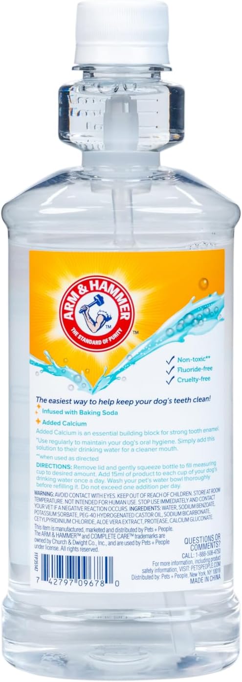 Arm & Hammer Complete Care Dental Water Additive for Dogs, Easy Portion Bottle 16 Fl Oz, Dog Breath Freshener, Odorless and Flavorless, Baking Soda Enhanced for Tartar Control