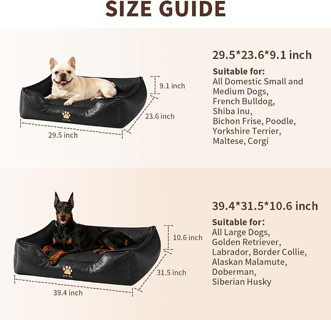 SOMAHE Waterproof Leather Dog Bed, Bolster Couch, 24x19x9 Black | Wipe-Clean Waterproof Leather + Removable Cushion: raised bolsters create a cozy bed for small-medium dogs.