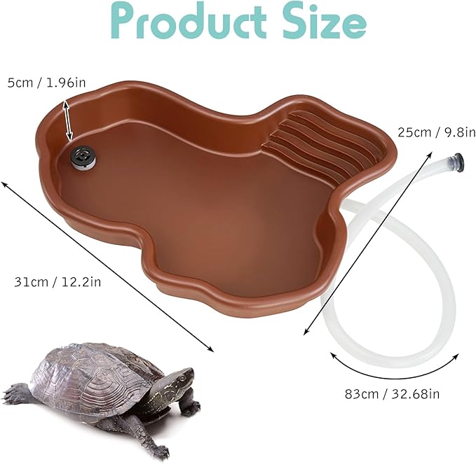 kathson Large Turtle Pool with Ramp and Hose, Tortoise Water Bowl Reptile Bathing Tub Amphibians Feeding Accessories for Bearded Dragon Lizard Frog Snake Gecko Scorpion Habitat (Brown)
