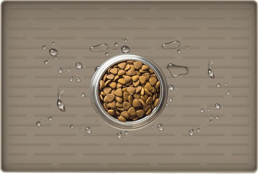 24" x 16" Dog Food Mat, Silicone Pet Mats for Food and Water, Nonslip Pet Feeding Mats for Floors, Dog Cat Bowl Mat with Raised Edges, Light Brown