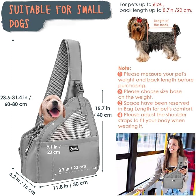 SlowTon Dog Sling Carrier, Hands Free Hard Bottom for Small Dogs up to 6 lb | Breathable Mesh Support, Adjustable Padded Strap, with Pocket Safety Belt, Machine Washable, for Small Animal Puppy, Grey