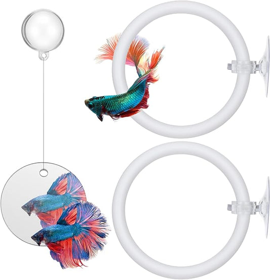 Xthrotsenk 2 Pcs Betta Enrichment Toys Betta Fish Toys Beta Exercise Ring Floating Mirror Set Fish Feeding Ring Bettas Tank Accessories for Aquarium Beta Tank