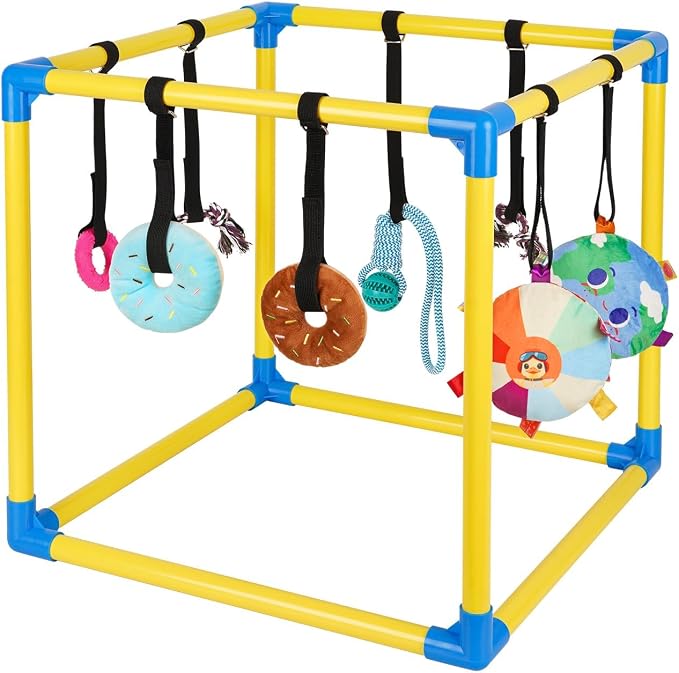 Liitrton Puppy Play Gym for Small Dogs with 8 Hanging Toys, Yellow | 19.5"x19.5"x19.5" PVC Frame, Indoor Puppy Jungle Gym with Interactive Puppies Toys