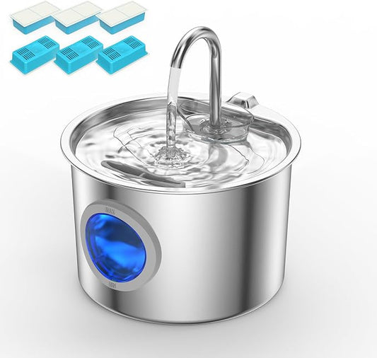 Cat Water Fountain Stainless Steel: Cat Fountain for Drinking with 6 Filters + 6 Sponges - 74oz/2.2L Pet Water Fountain for Cats Inside - Quiet Cats Water Bowl Dispenser - Kitten Drinking Fountains