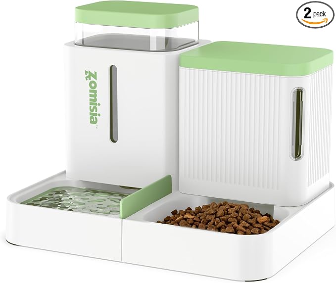 ZOMISIA Gravity Cat Feeder and Water Dispenser, 2 in 1 Cat Self Feeder with 180 Degree Rotatable, Automatic Feeding Large Capacity for Small Medium Dog Puppy Kitten, White & Green, 0.8 Gallon x 2