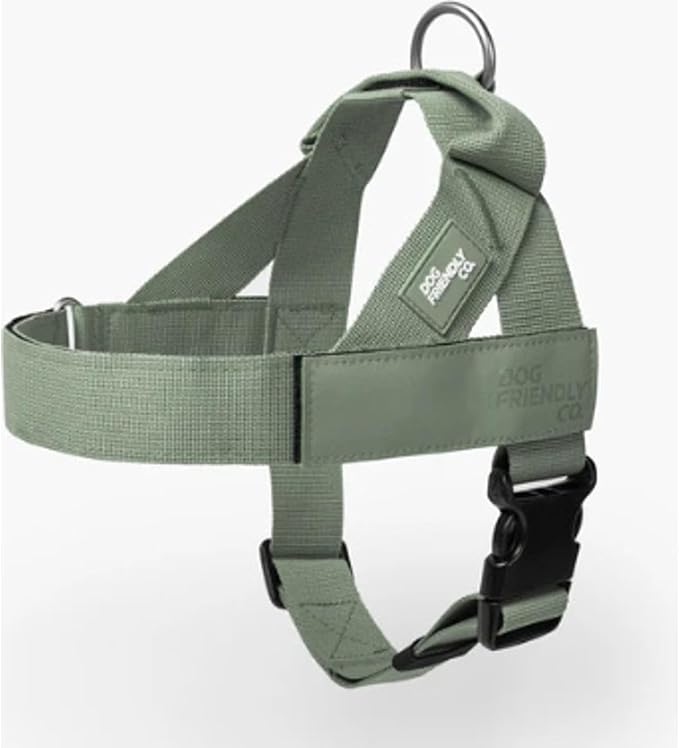 Dog Friendly Co. Dog Harness for Medium Sized Dogs (Khaki, Medium) | One Click Buckle, Chafe Resistant Webbing, Adjustable Neck & Chest, and Heavy Duty D-Ring, Sturdy Comfortable and Easy to Use