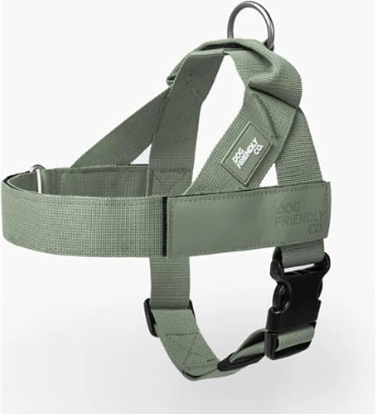 Dog Friendly Co. Dog Harness for Medium Sized Dogs (Khaki, Medium) | One Click Buckle, Chafe Resistant Webbing, Adjustable Neck & Chest, and Heavy Duty D-Ring, Sturdy Comfortable and Easy to Use
