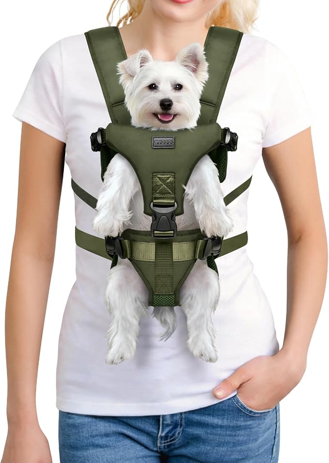 YUDODO Front Pet Carrier Backpack for Small Dog, Legs Out Dog Chest Carrier | Safety Belt, Ergonomic Support, Hands Free, Durable & Comfortable, For Walking Hiking Cycling, Army Green, M
