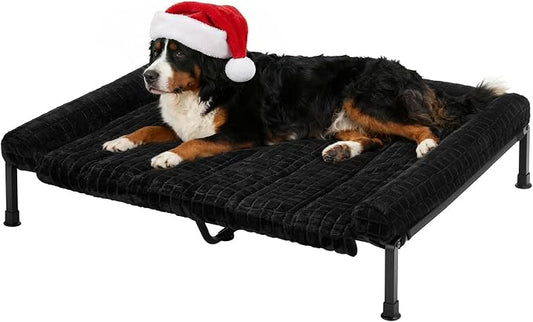 Veehoo Elevated Dog Bed with Fluffy Plush Bolster Cushion, Dog Couch Bed | Cooling Raised Dog Bed for Large Dogs, Washable Orthopedic Pet Cot with Removable Mat, Breathable Mesh, Non-Slip, 53", Black
