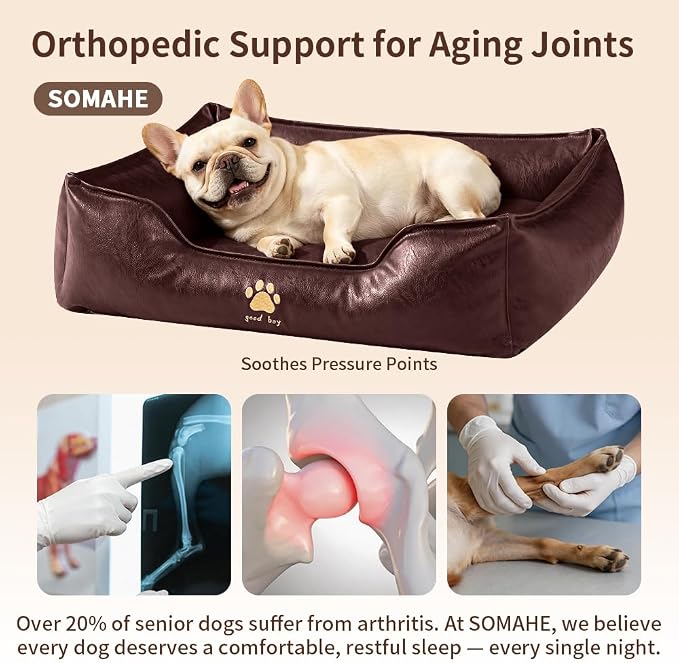 SOMAHE Waterproof Leather Dog Bed, Bolster Couch, 24x19x9 Caramel | Wipe-Clean Waterproof Leather + Removable Cushion: raised bolsters create a cozy bed for small-medium dogs.