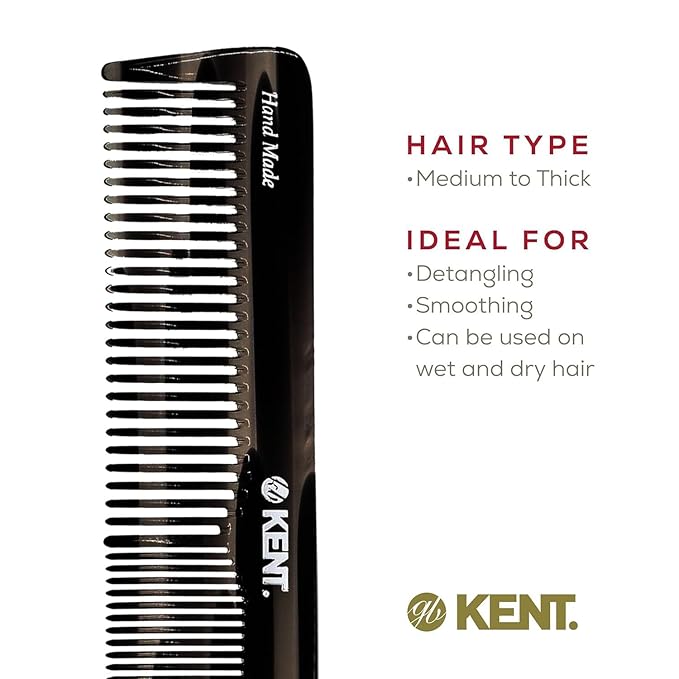 Kent 16T Black Graphite Fine and Wide Tooth for Daily Grooming, Handmade Styling Comb for All Hair Types, Wet or Dry Hair Detangling Comb for Men and Women, Saw Cut Hand Polished, Made in England