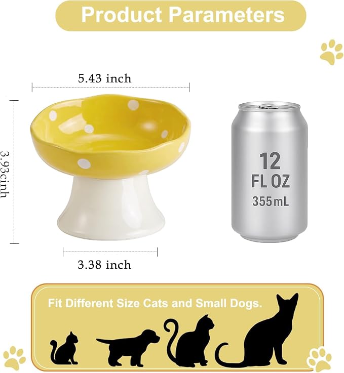 Ceramic Elevated Cat Bowls, Tilted Raised Pet Dish Anti Vomit Kitten Bowl for Indoor Cats, Whisker Friendly Pet Food and Water Bowl for Kitten, Cat, Puppies, Dishwasher Safe (Yellow) | Elevated, Ceramic, Whisker Friendly, Wide Opening, Anti Vomitin,Cut...