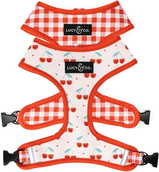 Lucy & Co. Reversible Dog Harness - Water-Repellent Neoprene, Dual-Print Design, Easy Swap Style, Adjustable Comfort Fit - Cheery Cherries Reversible Harness - Medium