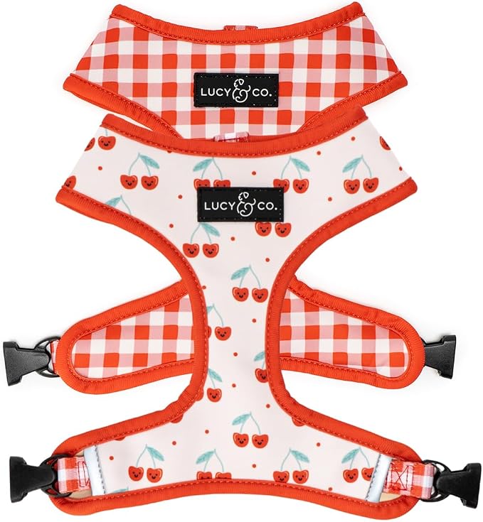 Lucy & Co. Reversible Dog Harness - Water-Repellent Neoprene, Dual-Print Design, Easy Swap Style, Adjustable Comfort Fit - Cheery Cherries Reversible Harness - X-Small