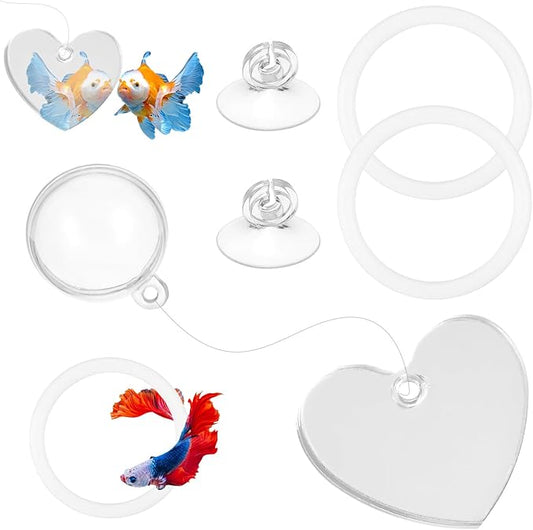 Betta Fish Exercise Ring and Betta Mirror Set, Heart Floating Exercise Mirrors, Betta Ring Enrichment Toys, Betta Fish Toys for Fish Tank, Betta Tank, Aquarium Accessories