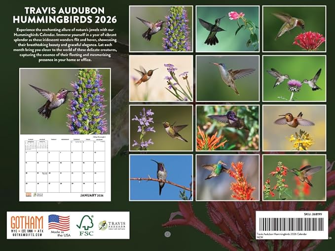 Travis Audubon Hummingbird Calendar 2026 Wall Monthly Hummingbirds Gifts For Hummingbird Lovers Women Men | American Made In The USA