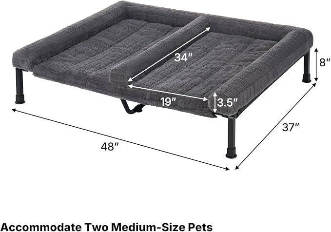 Veehoo Plush Double Dog Couch Bed for 2 Dogs, Washable Elevated Dog Bed | Cooling Raised Pet Cot with Removable Bolster Cushion, Breathable Mesh, No-Slip Feet, 48 x 37 inches, Grey