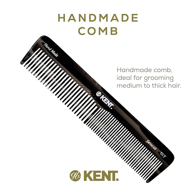 Kent 16T Black Graphite Fine and Wide Tooth for Daily Grooming, Handmade Styling Comb for All Hair Types, Wet or Dry Hair Detangling Comb for Men and Women, Saw Cut Hand Polished, Made in England