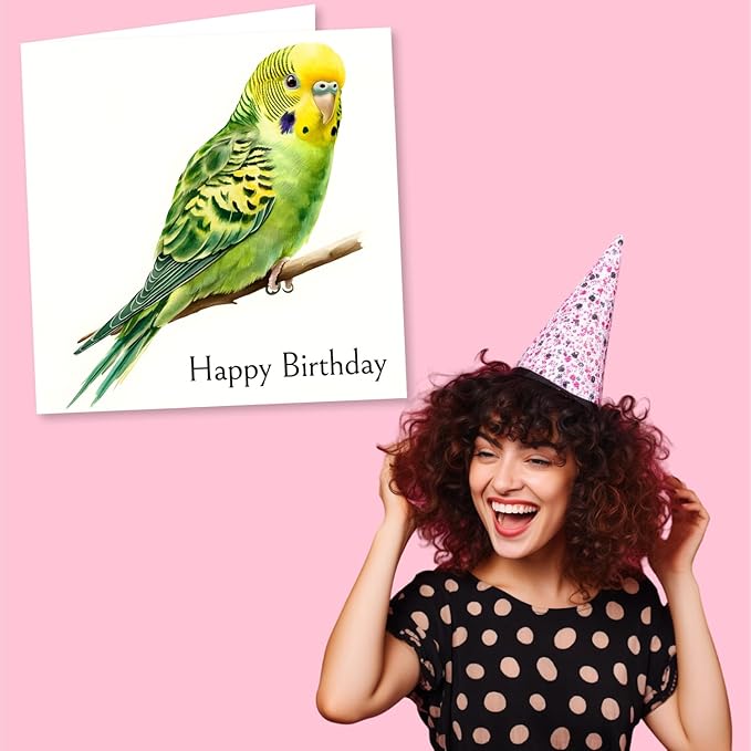 Budgie Birthday Card - Beautiful Green and Yellow Budgerigar Design - Budgie Happy Birthday Card For Men, For Women, For Bird Lovers
