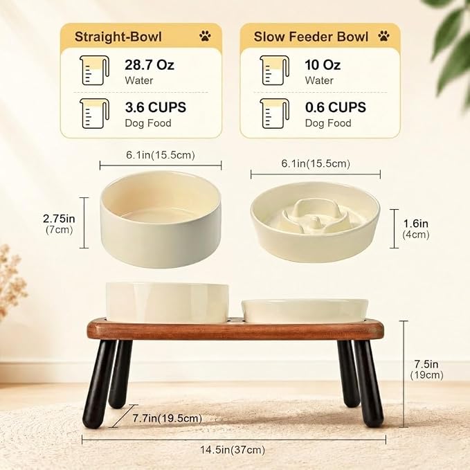 SPUNKYJUNKY Ceramic Elevated Dog Bowls with Slow Feeder Raised with Acacia Bamboo Wooden Stand, 6.1'' Dog and Cat Food Water Bowls Set Non-Slip for Small Medium Sized Breed - Beige