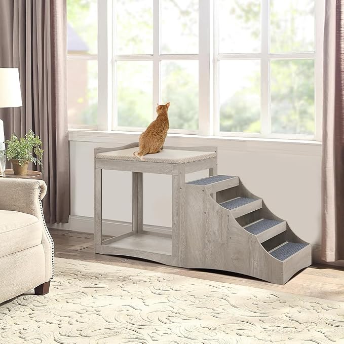 unipaws Large Pet Bunk Bed with Removable Step for Dogs and Cats | Multi-Level Bed Window Perch Seat Platform with Cushion, Indoor Use, Grey