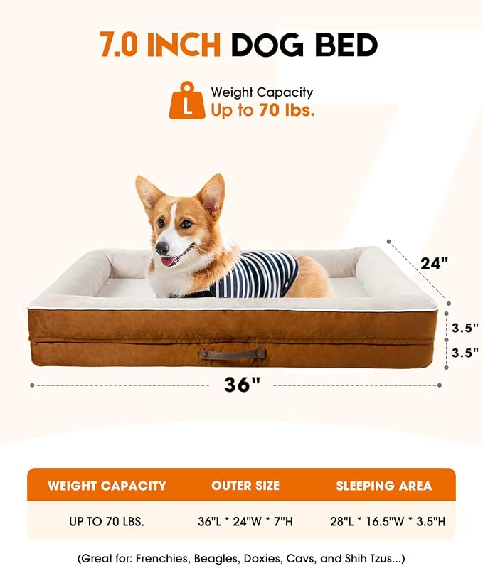 Upvilla Orthopedic Dog Bed, Four-Sided Medium Dog Sofa,Washable Cover Brown | Removable Waterproof Dog Bed Cover, Egg-Crate Orthopedic Foam, Built-In Carry Handle, Indoor Small Pet Beds, Cat Beds