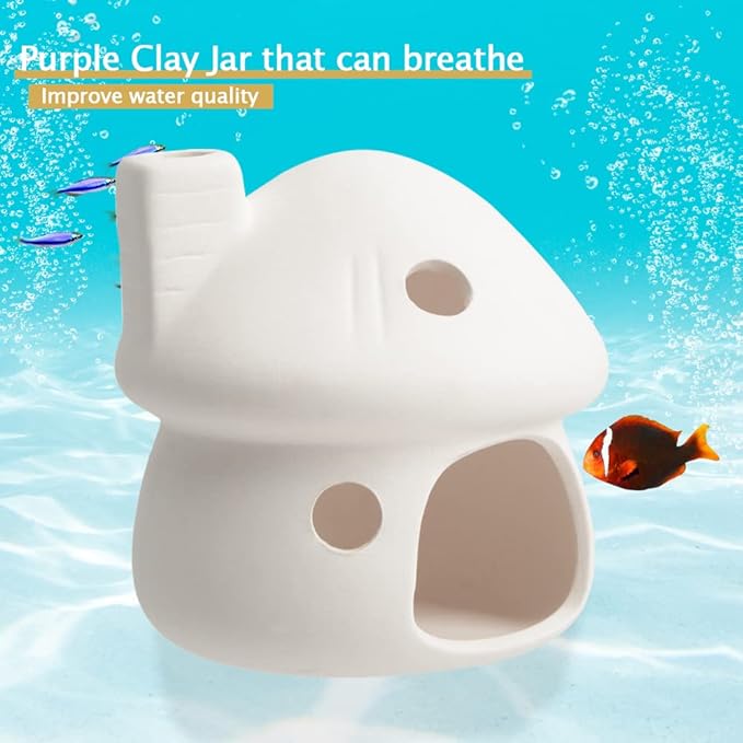 Ceramic Mushroom Aquarium Decor, Betta Fish Cave Hideout for Shrimp, Cichlid, Golfish & Small Frog to Rest Breed, Fish Tank Decoration for Freshwater & Saltwater - White Aquarium Ornament
